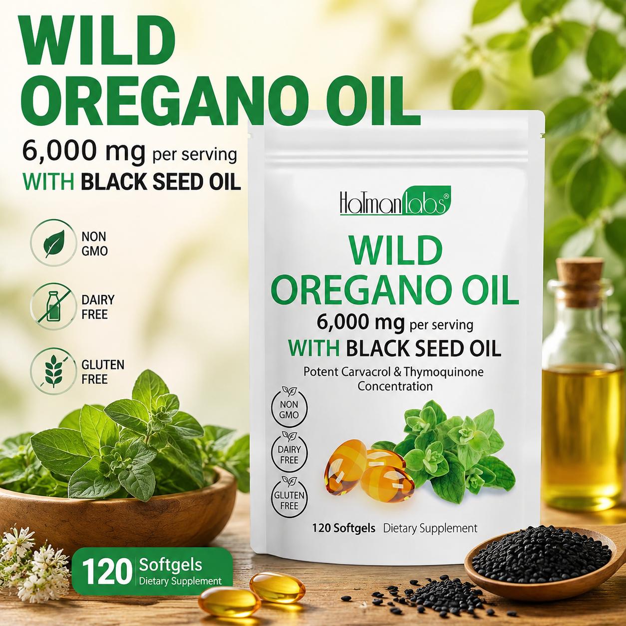 Black Seed Oil Capsule - ワイルドオレガノオイルとブラックシードオイル配合ソフトジェル、カルバクロール＆チモキノン配合で免疫防御と消化の快適さをサポート、120ソフトジェル