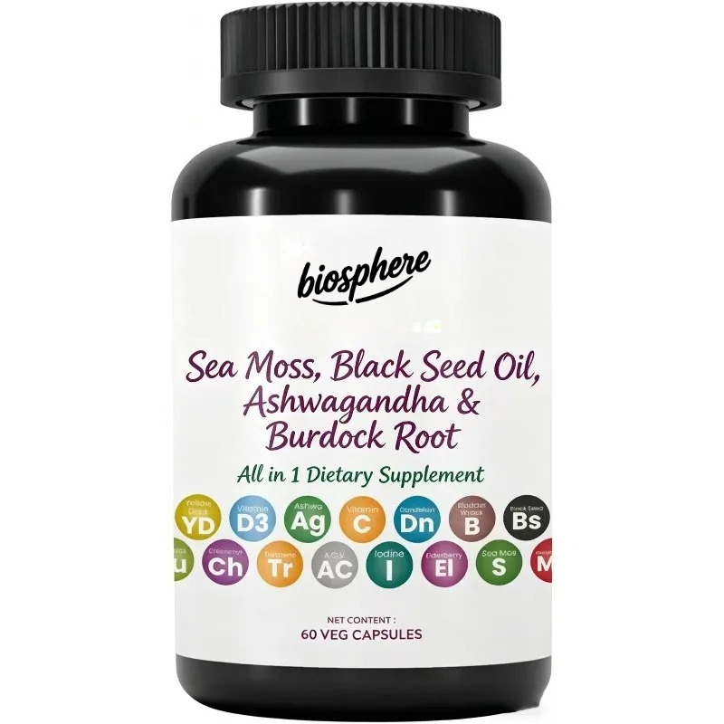 Black Seed Oil Capsule - 海藻、黒種子油、ウコン、ゴボウ、ビタミンC、ビタミンD3、エルダーベリー、タンポポ、ヨウ素、クロロフィル、ACV-60カプセル